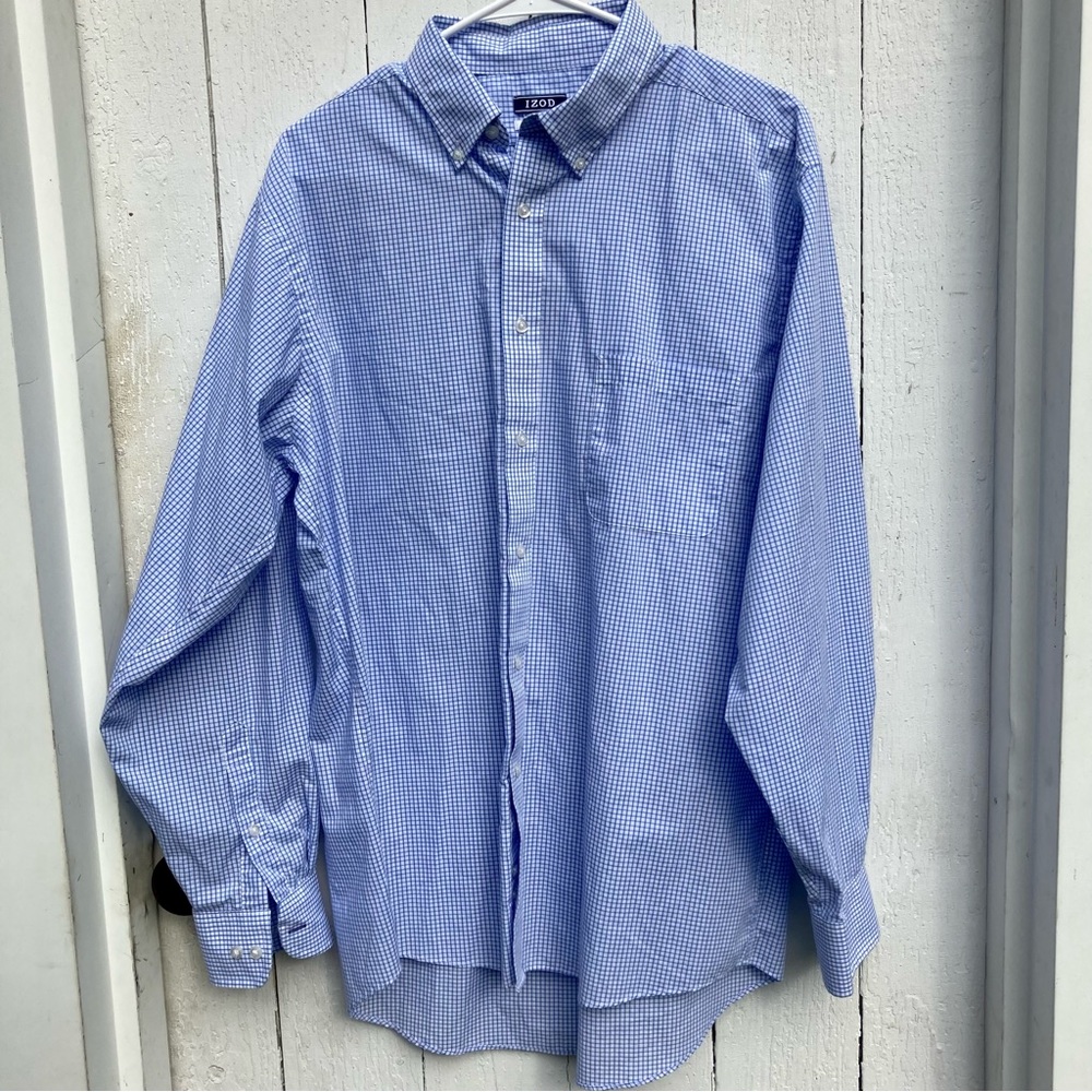 IZOD Stretch Button Down Mens L 16-16.5 34/35 Blue/White Regular Fit Long Sleeve